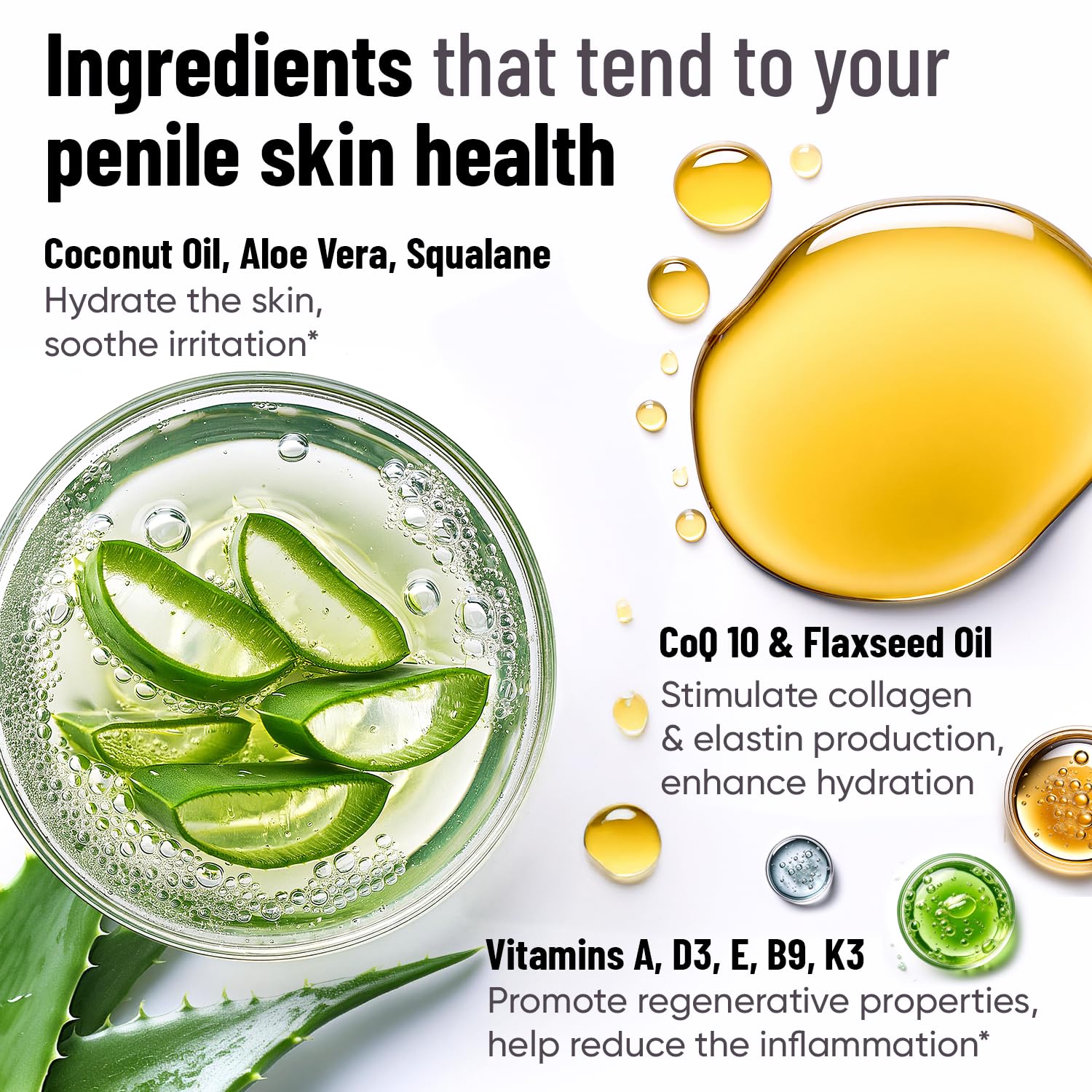 AlphaMale Premium Penile Health Cream ingredients—aloe vera, coconut oil, CoQ10 soothing softness.