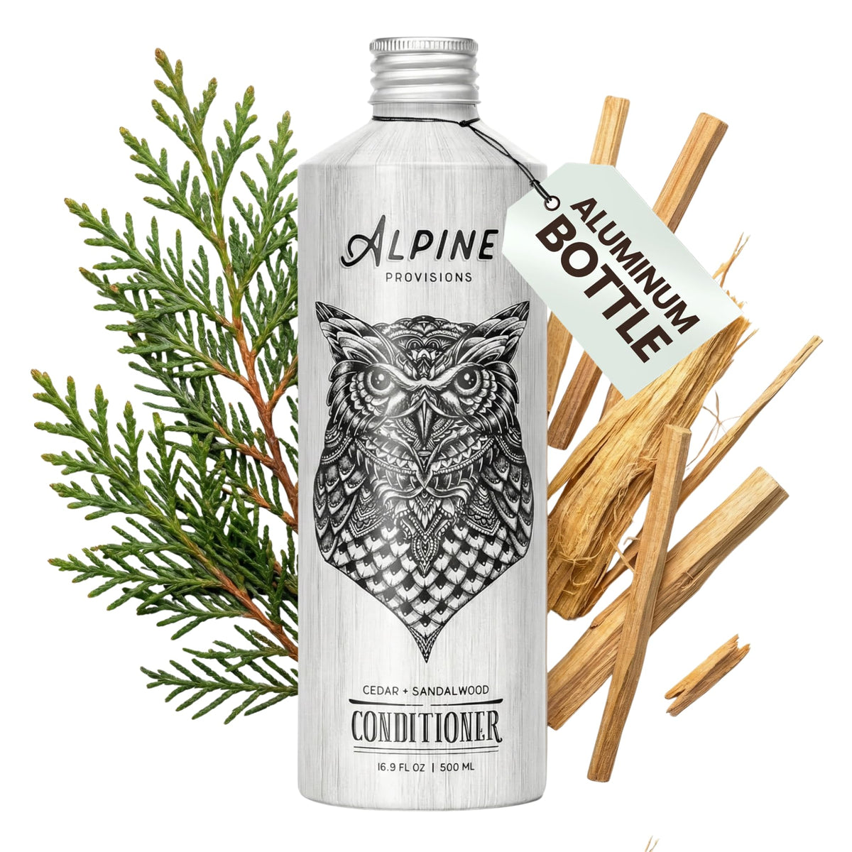 Alpine Provisions Cedar & Sandalwood Organic Conditioner bottle for hydrated, silky hair.
