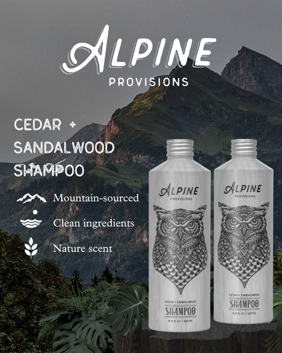 Alpine Provisions Cedar & Sandalwood shampoo foamy lather illustrating hydrating cleanse for all hair types.