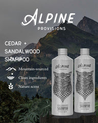 Alpine Provisions Cedar & Sandalwood shampoo foamy lather illustrating hydrating cleanse for all hair types.