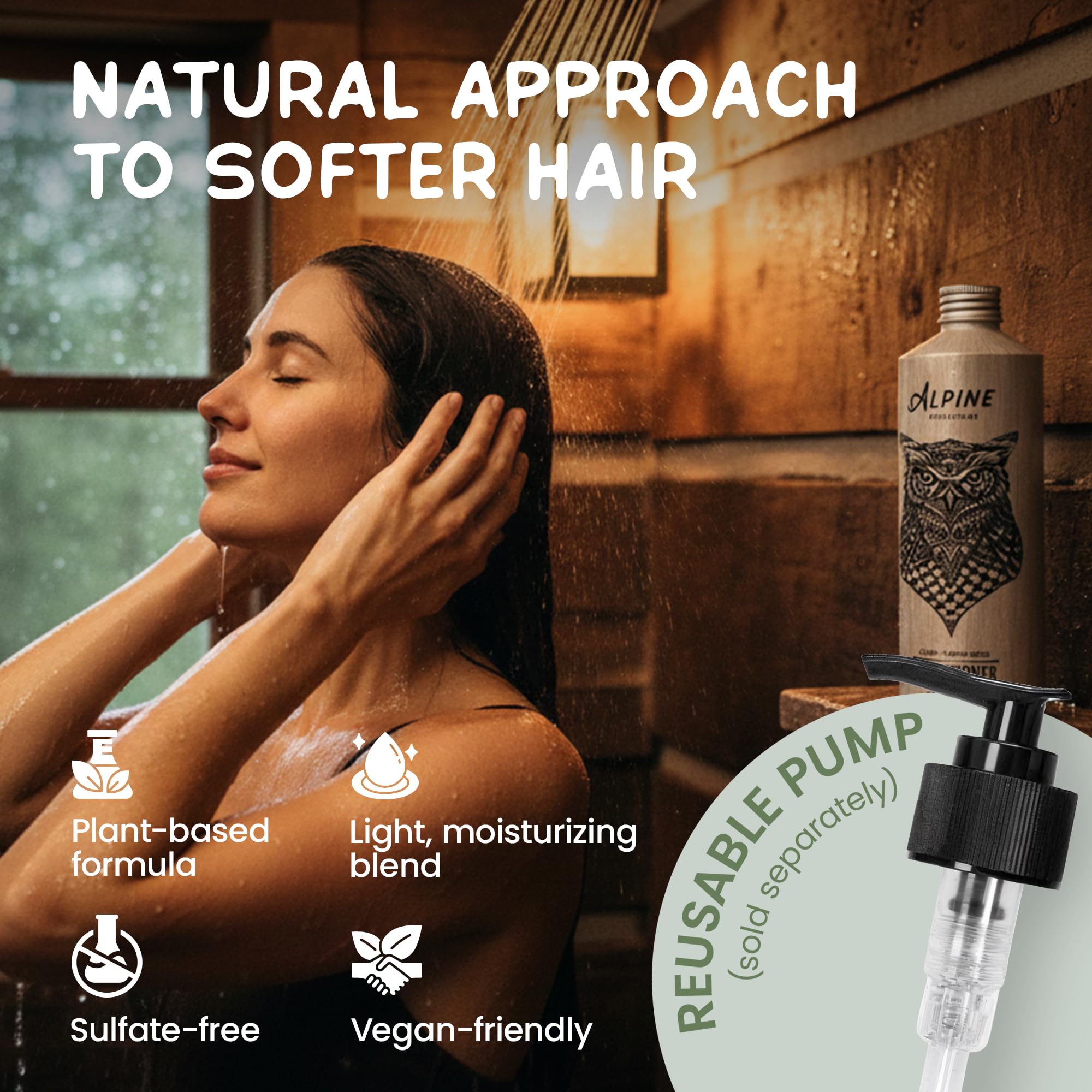 Alpine Provisions Cedar & Sandalwood conditioner shows sunflower oil and aloe vera for moisture.