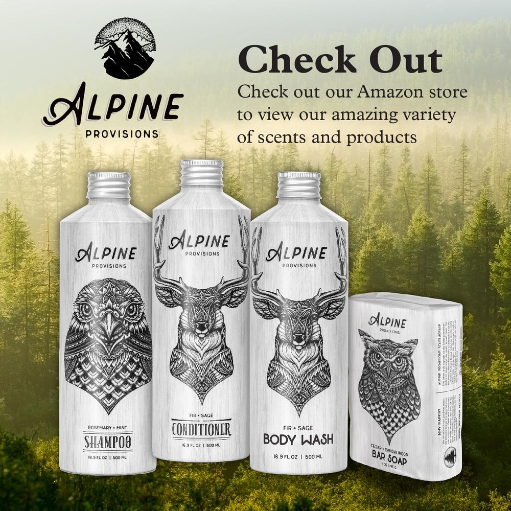 Alpine Provisions mountain-scene shower evokes fresh, spa-like renewal after a long day.