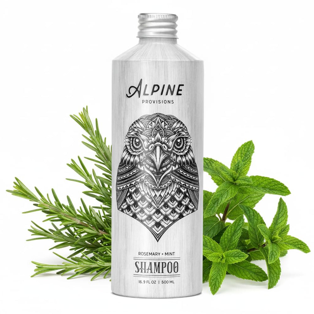Alpine Provisions Rosemary & Mint Shampoo bottle shows natural repair and hydration