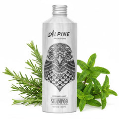 Alpine Provisions Rosemary & Mint Shampoo bottle shows natural repair and hydration