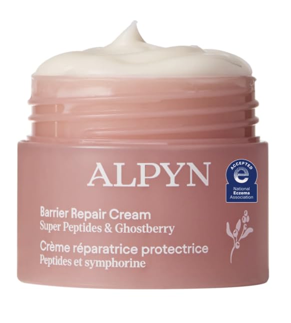 Alpyn Super Peptide Ghostberry Moisturizer product shot highlights barrier repair benefits.
