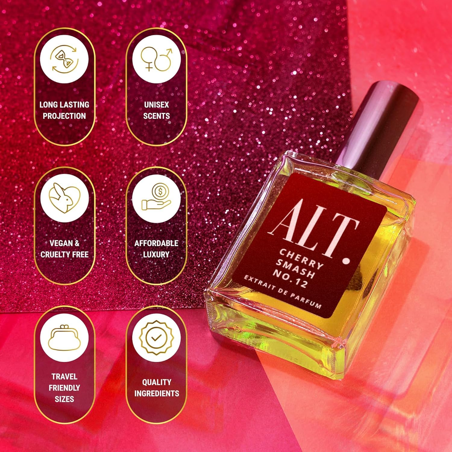 ALT. FRAGRANCES Cherry Smash bottle angle highlights layered sweetness for date nights.