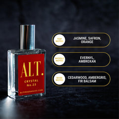 ALT Crystal No. 23 amber wood note highlights warm versatility for day-to-night wear.