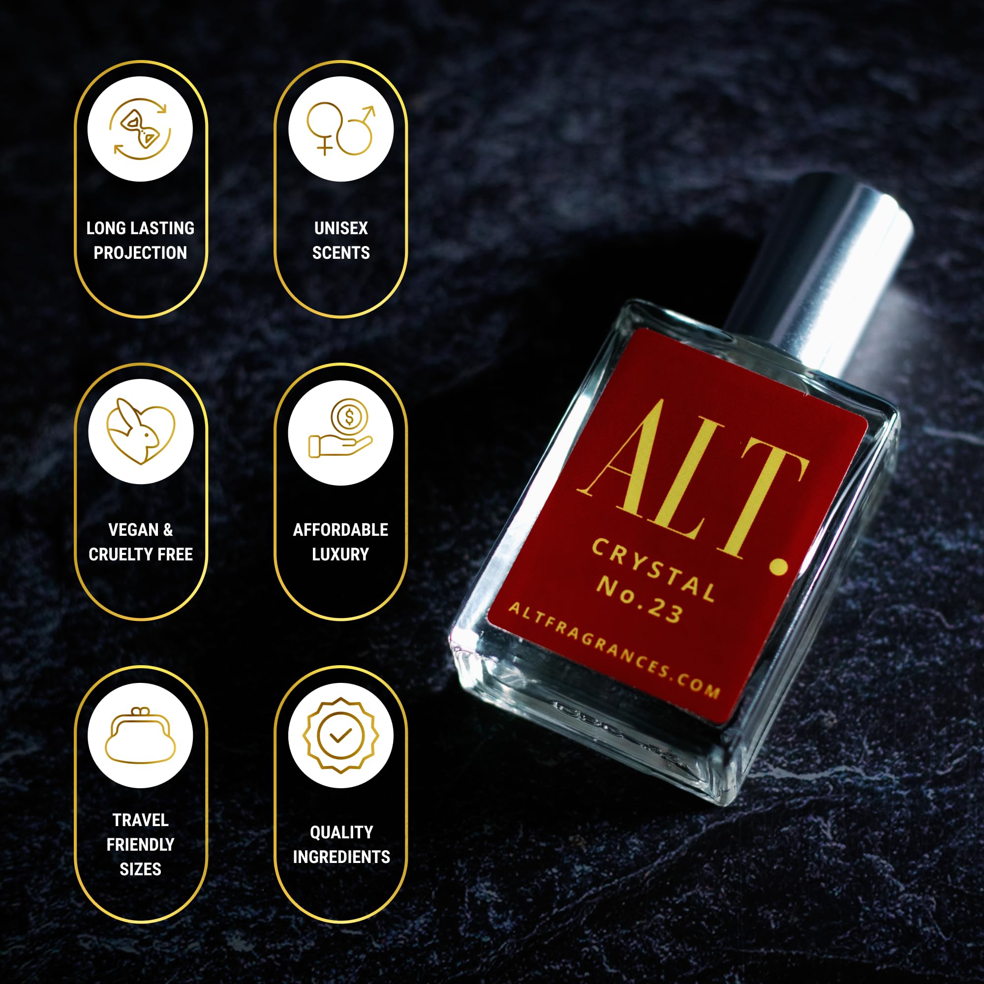 ALT Crystal No. 23 spray action demonstrates long-lasting extrait de parfum performance.