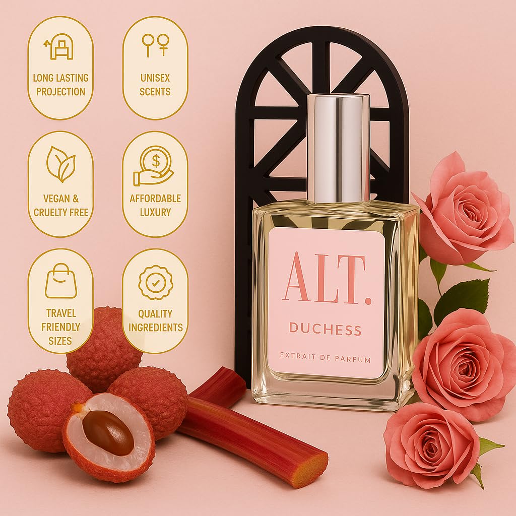 ALT. FRAGRANCES Duchess lychee rhubarb top-notes image hints at a fresh, lively daytime scent.