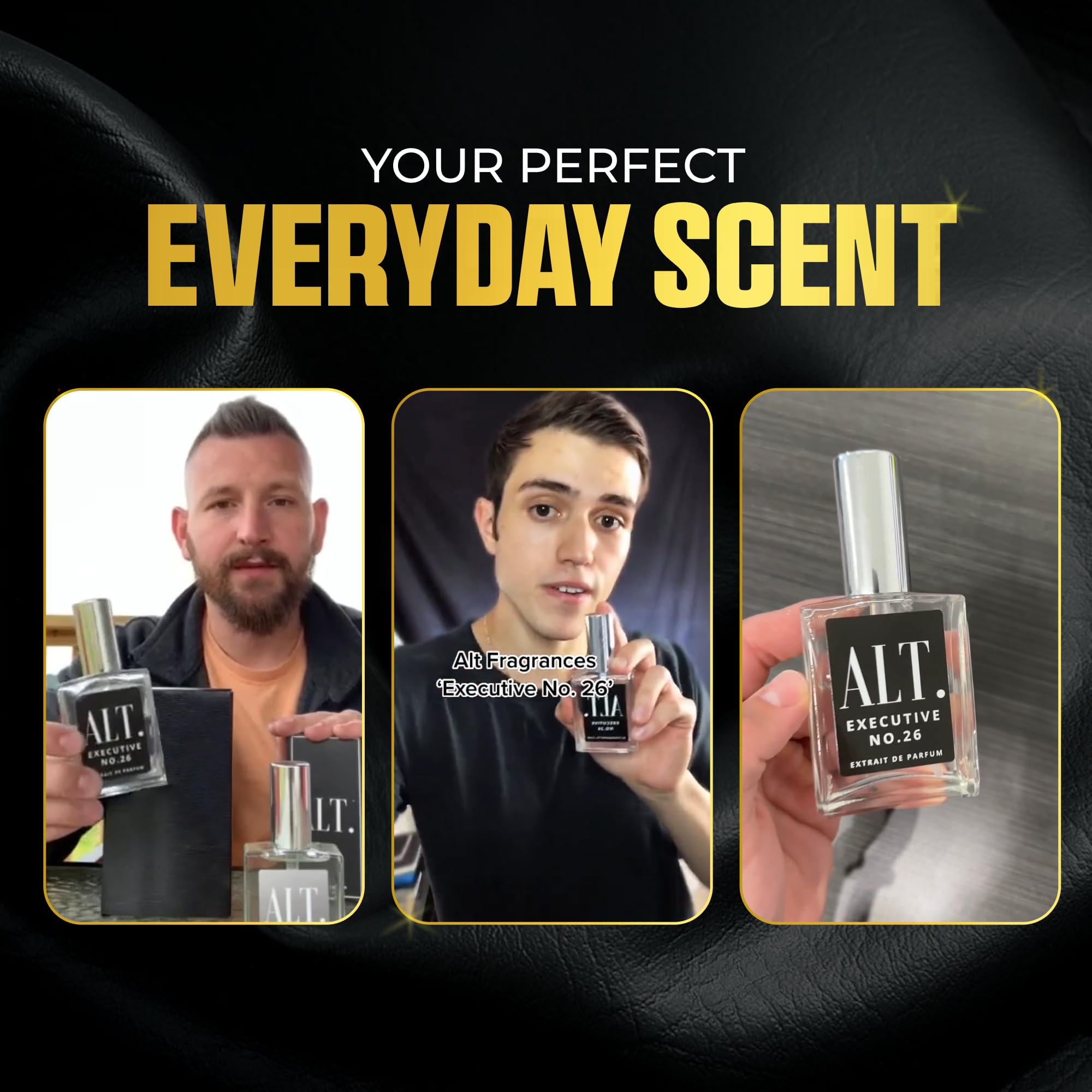 ALT. Fragrances Executive No. 26 full bottle on desk hints at a versatile, premium signature scent.