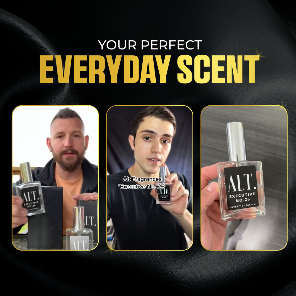 ALT. Fragrances Executive No. 26 full bottle on desk hints at a versatile, premium signature scent.
