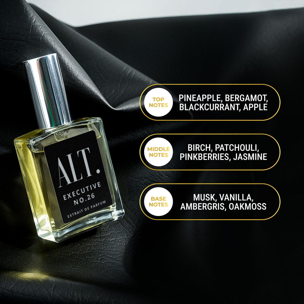 ALT. Fragrances Executive No. 26 heart notes rose jasmine patchouli add floral complexity.