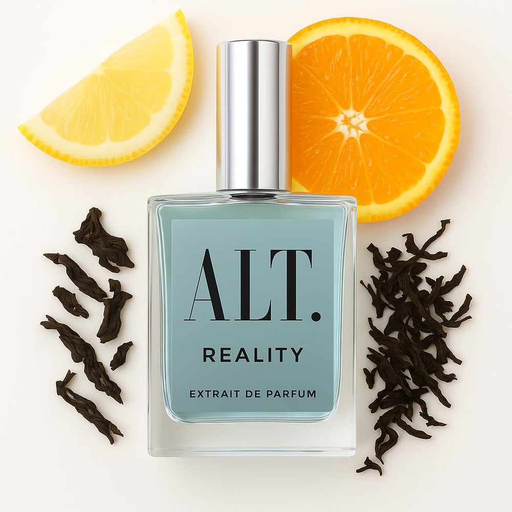 ALT. FRAGRANCES Reality 60ml extrait bottle with bold citrus and tea notes for everyday wear.