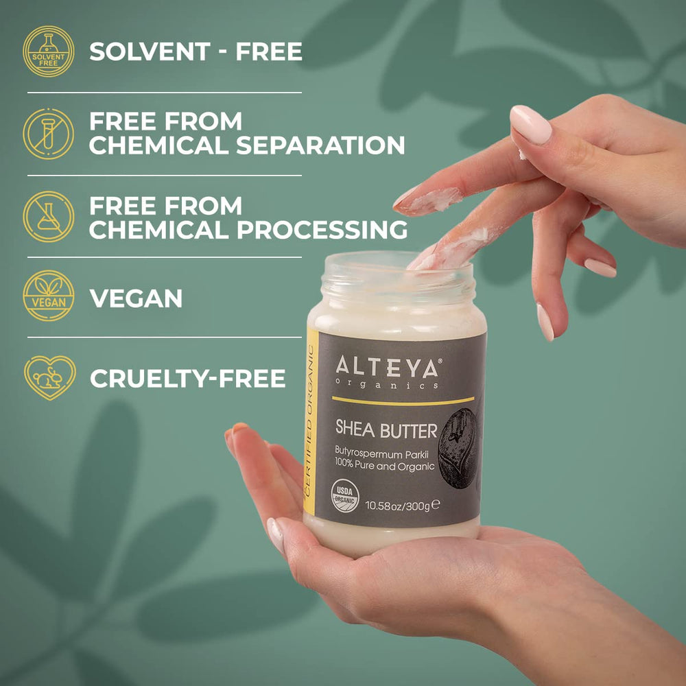 Alteya Organics Pure Shea Butter glass jar front showcases premium organic product for nourishing daily care.