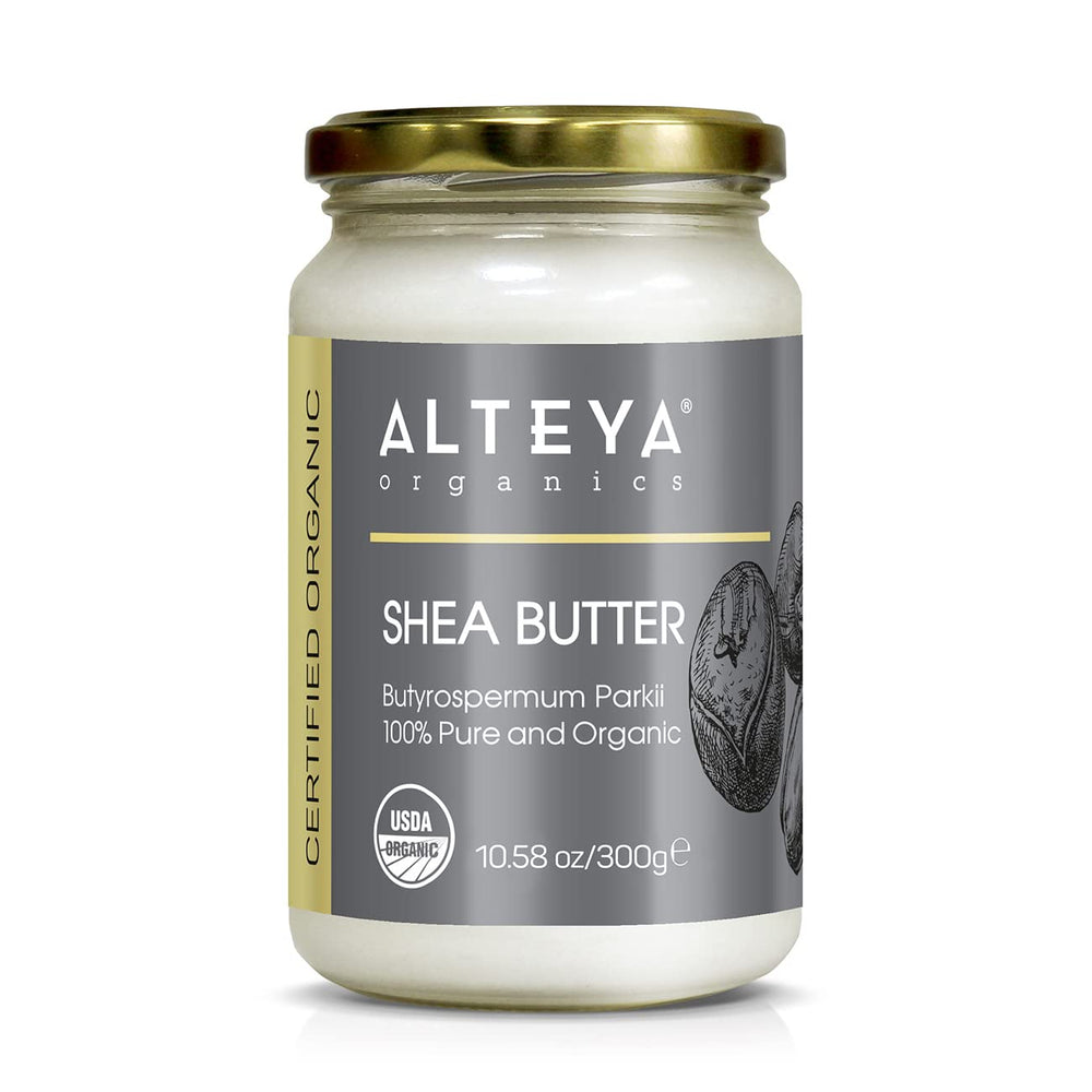 Alteya Organics Pure Shea Butter jar label closeup highlights organic certification for nourishing skin care.