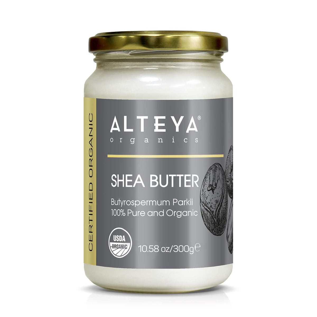 Alteya Organics Pure Shea Butter jar label closeup highlights organic certification for nourishing skin care.