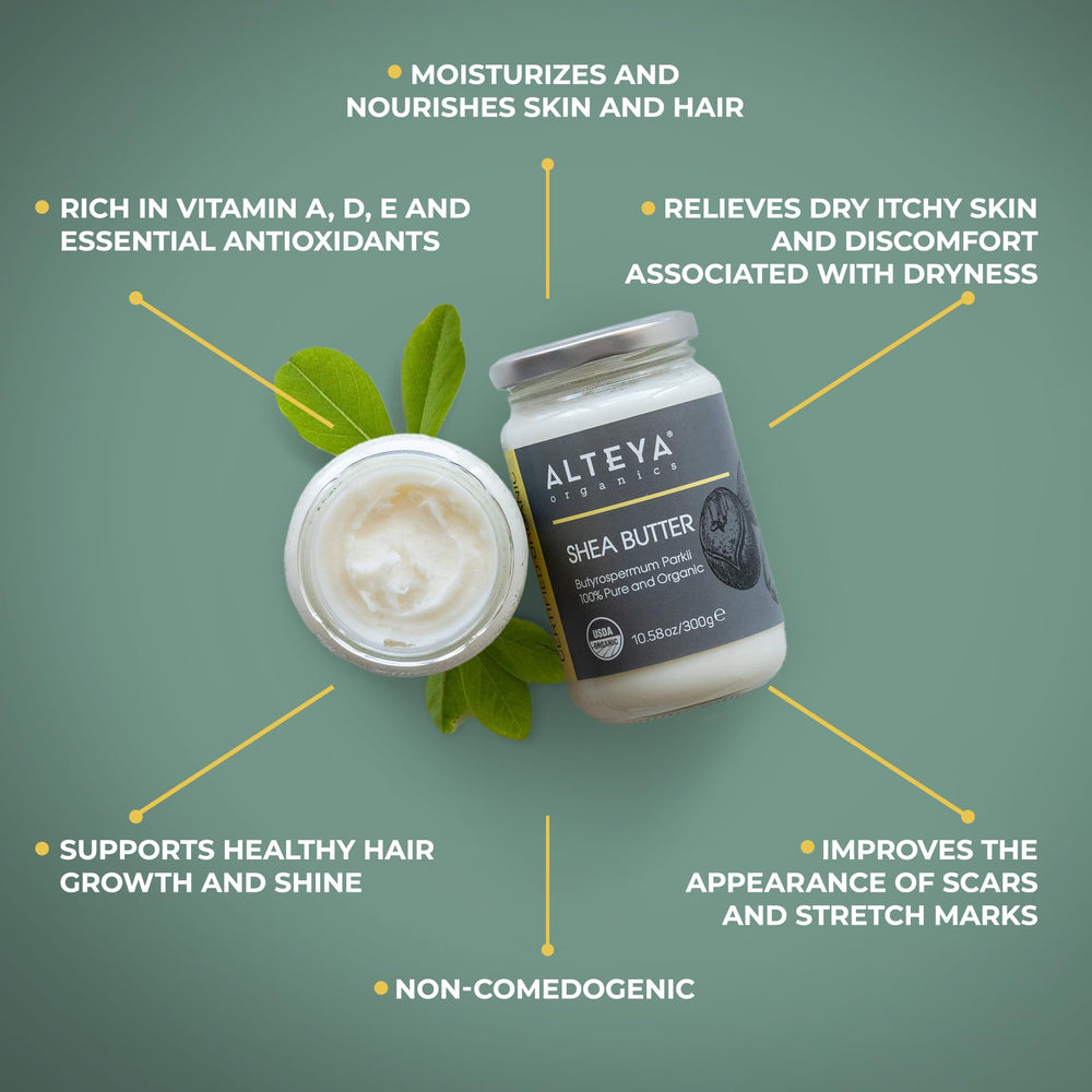 Alteya Organics Pure Shea Butter jar open reveals rich texture for moisturizing dry skin.