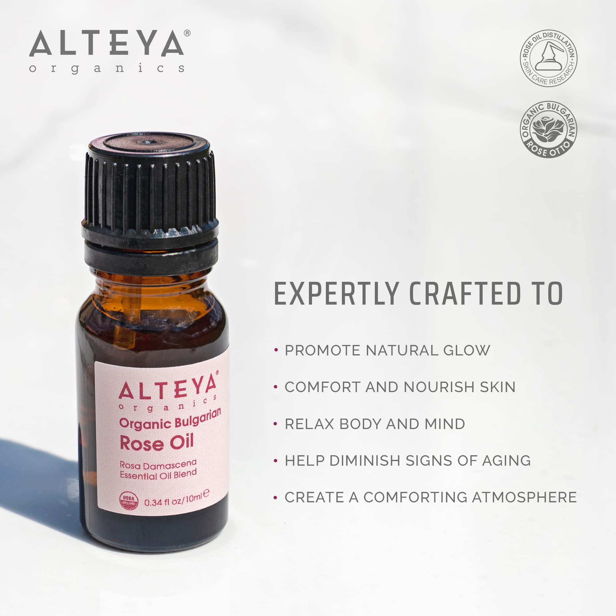 Alteya Organics rose oil aromatherapy diffuser scene promotes calming mood.