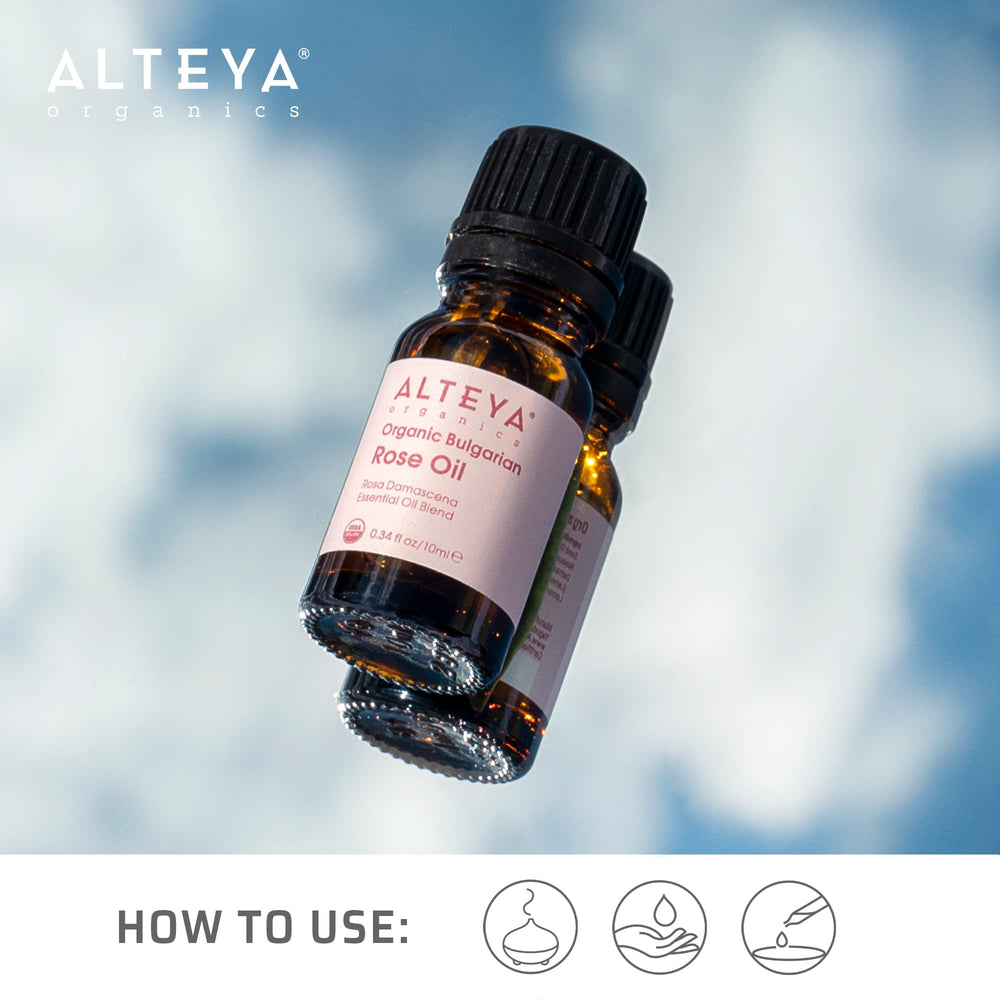 Alteya Organics rose oil packaging showcases USDA Organic and vegan credentials.