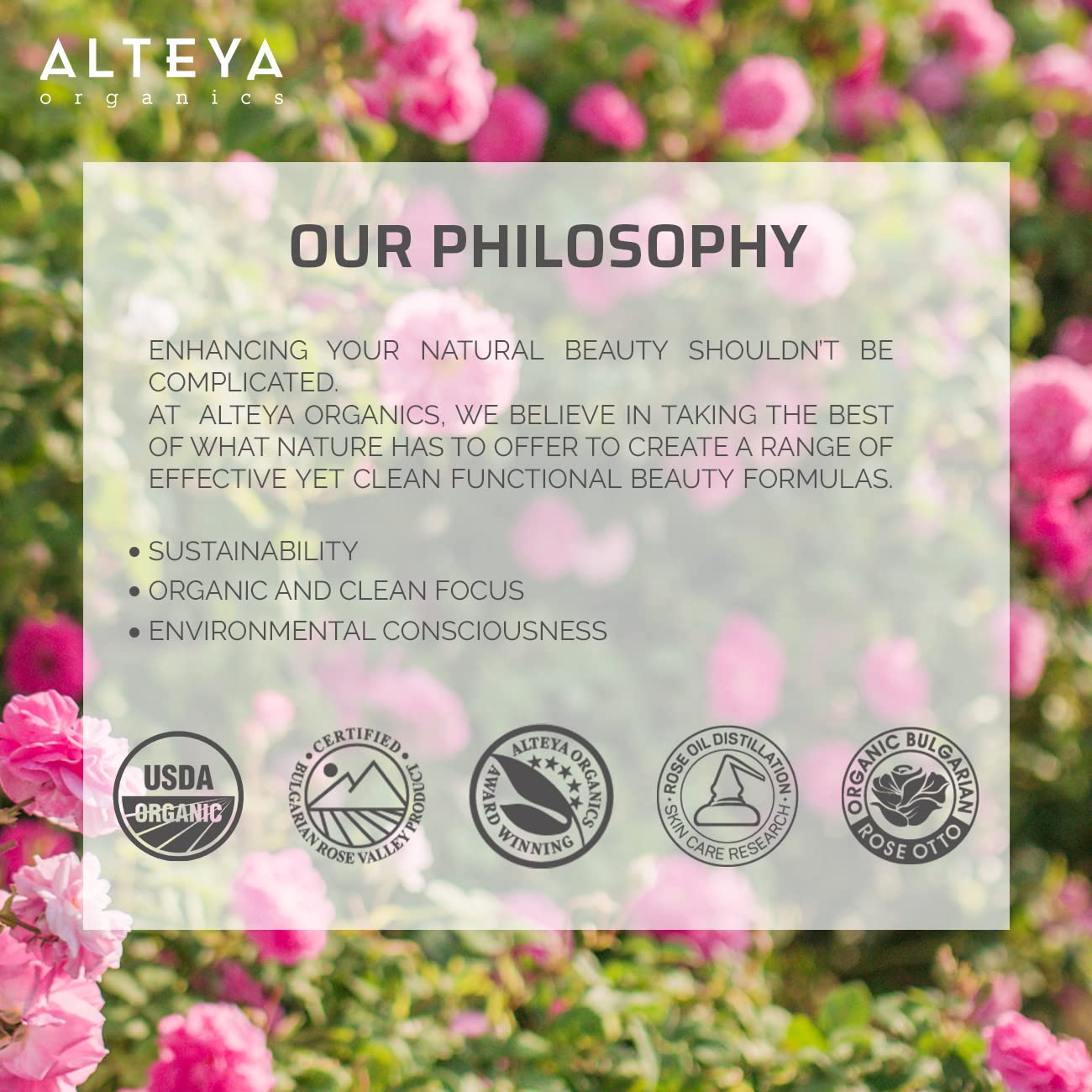 Alteya Organics rose oil USDA label emphasizes purity and eco-friendly standards.