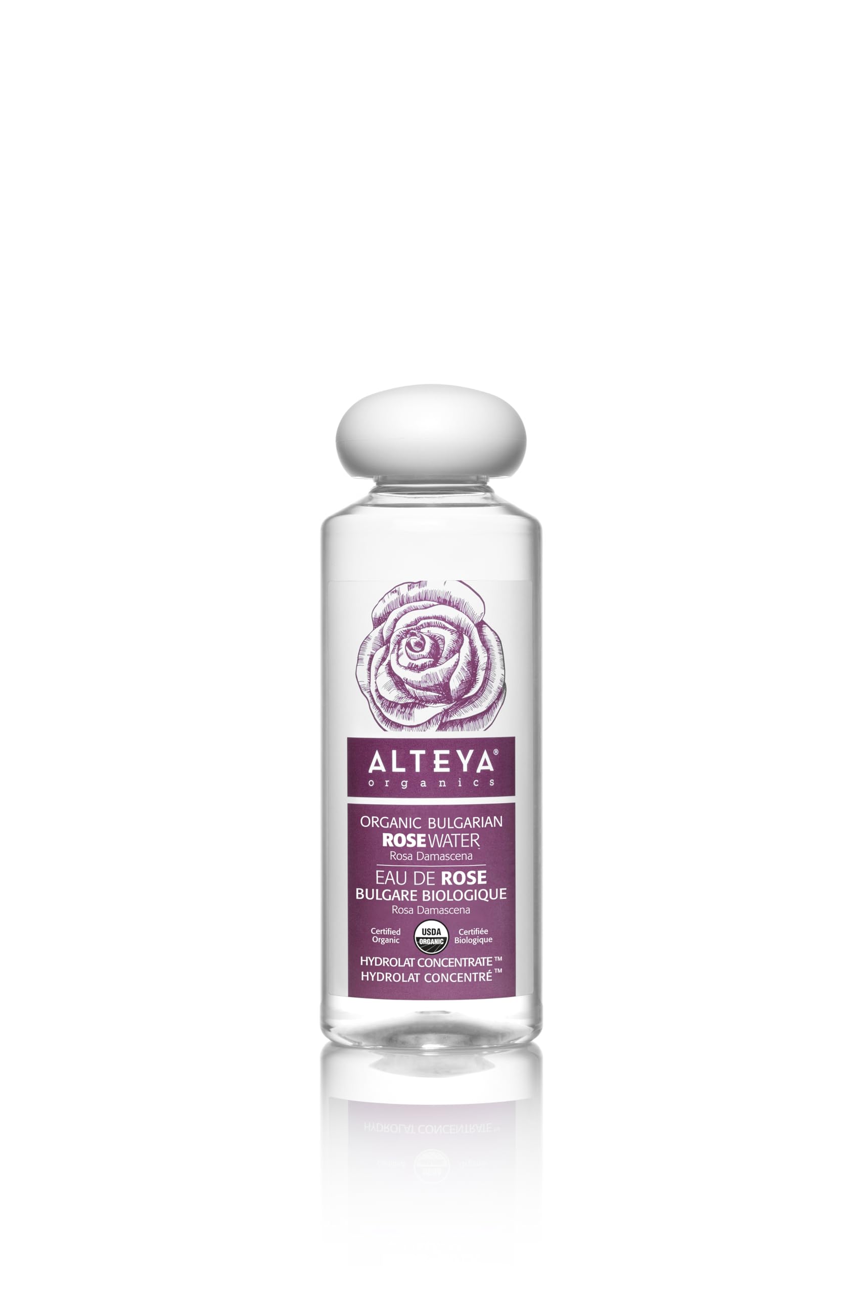 Alteya Organics Rose Water bottle front for refreshing facial toner use