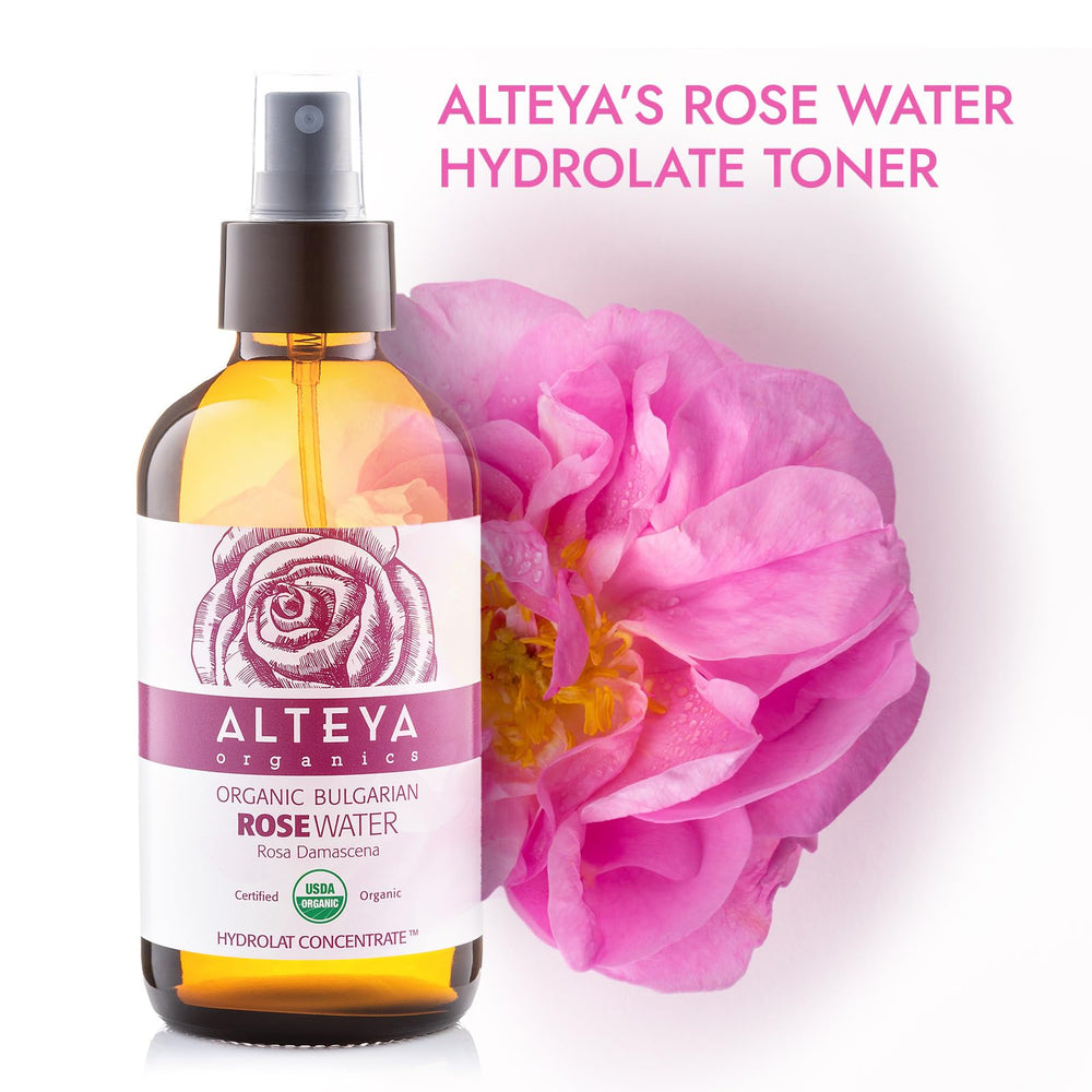 Alteya Organics Rose Water close-up of petals highlights pure distillate and soothing skincare use.