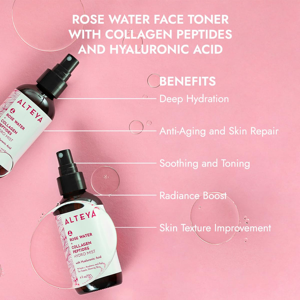 Alteya Organics Rose Water Face Toner ingredients collage highlighting collagen peptides and hyaluronic acid benefits.