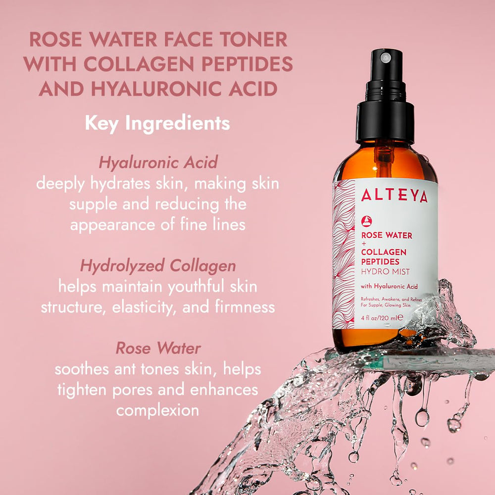 Alteya Organics Rose Water Face Toner packaging with 4 fl oz bottle and clean label.