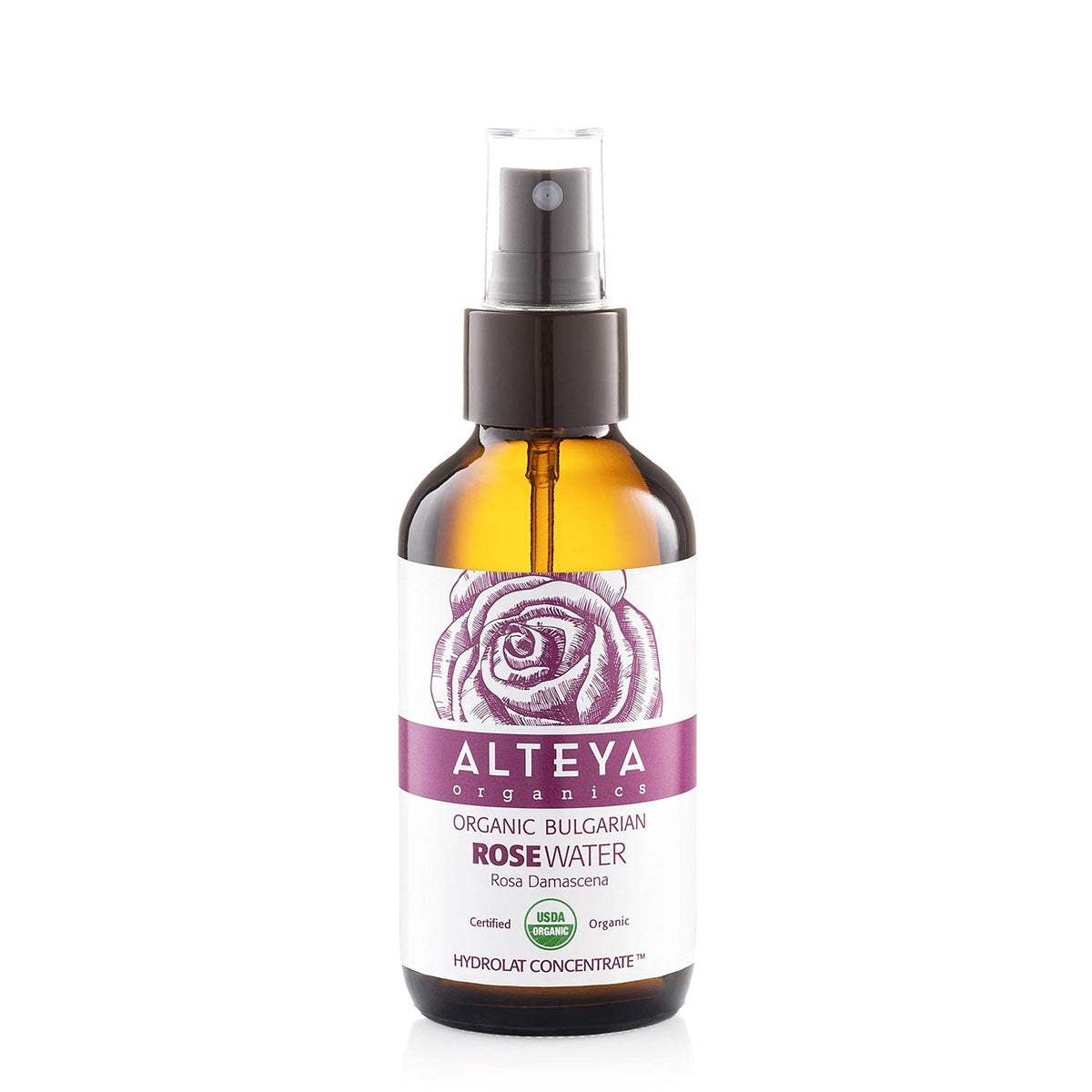Alteya Organics Rose Water bottle front shows pure toner for refreshing, hydrating skincare.