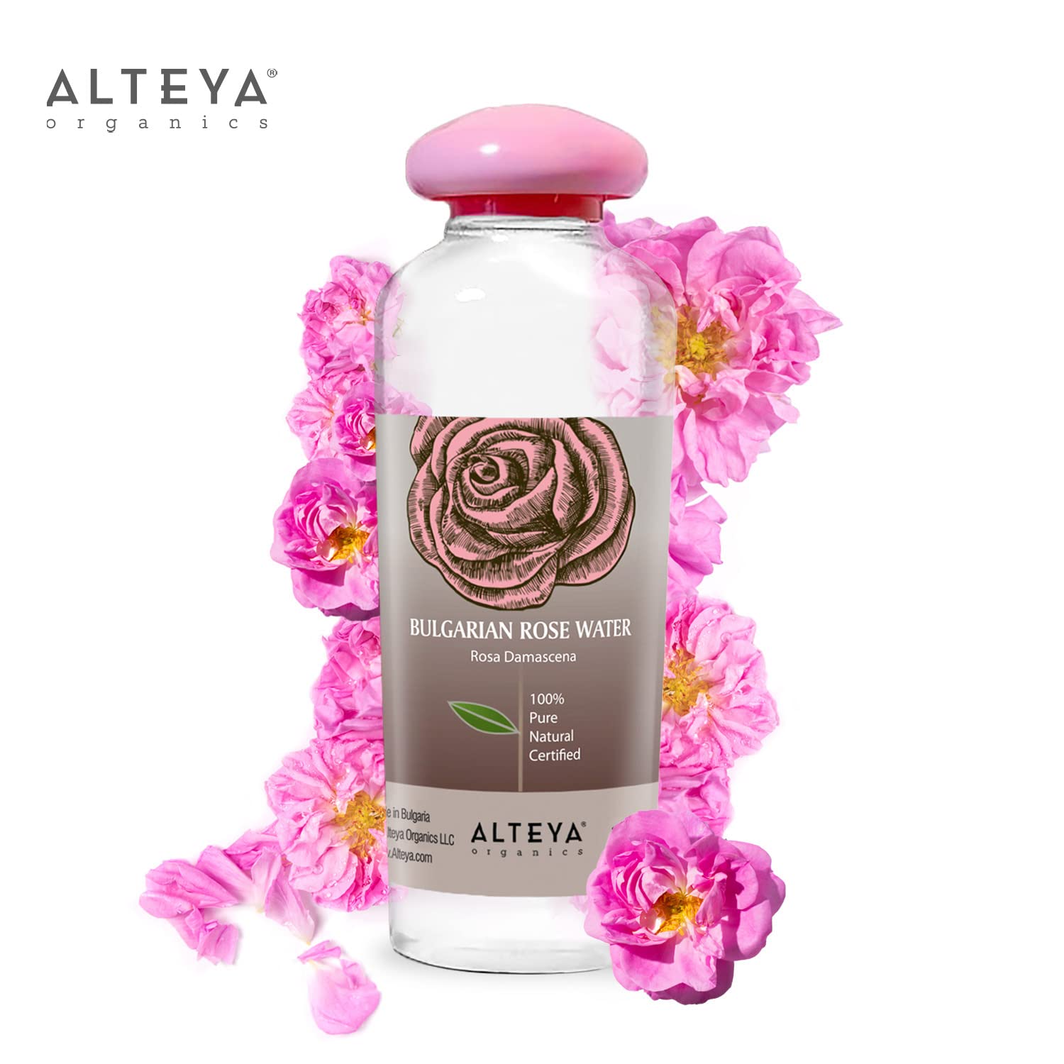 Alteya Rose Water BPA-free bottle with reducer shown for measured applications.