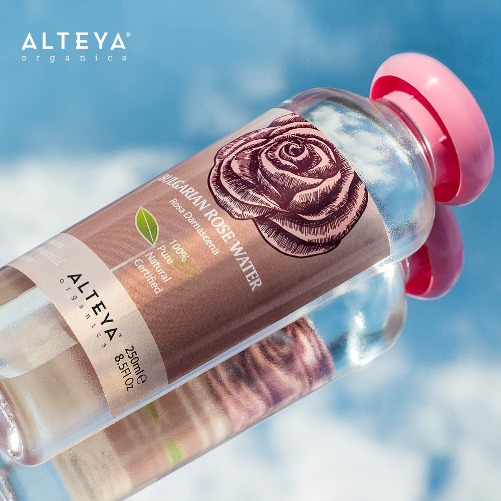 Alteya Rose Water mist bottle used for refreshing skincare routine.