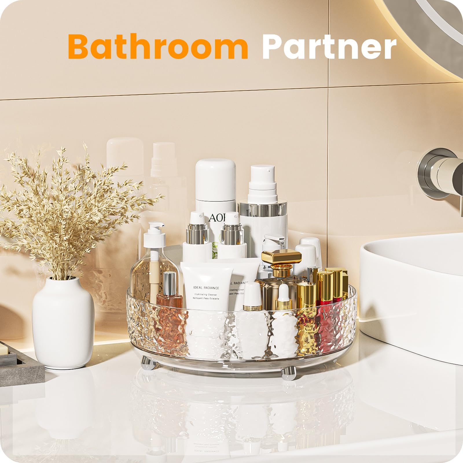 A-LuGei vanity organizer with 360-degree rotation keeps makeup within reach during morning routines.