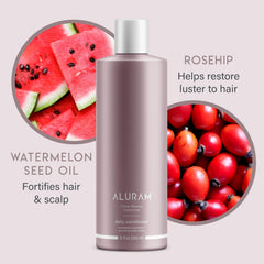 ALURAM Coconut Water Daily Conditioner texture close-up shows silky softness and detangling ease.