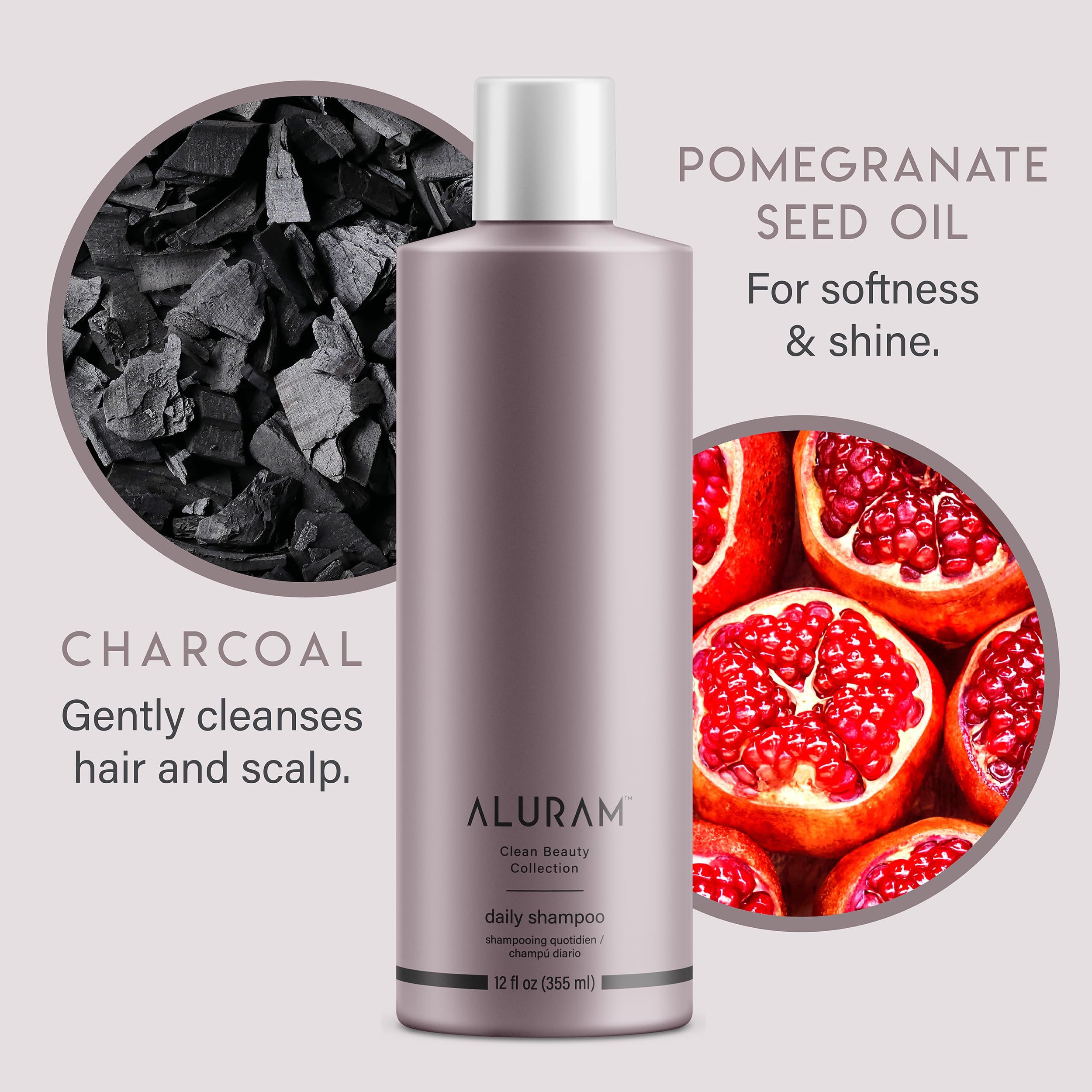 ALURAM Coconut Water Daily Shampoo charcoal closeup highlights impurity removal and shine