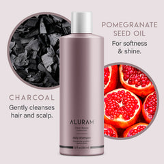 ALURAM Coconut Water Daily Shampoo charcoal closeup highlights impurity removal and shine