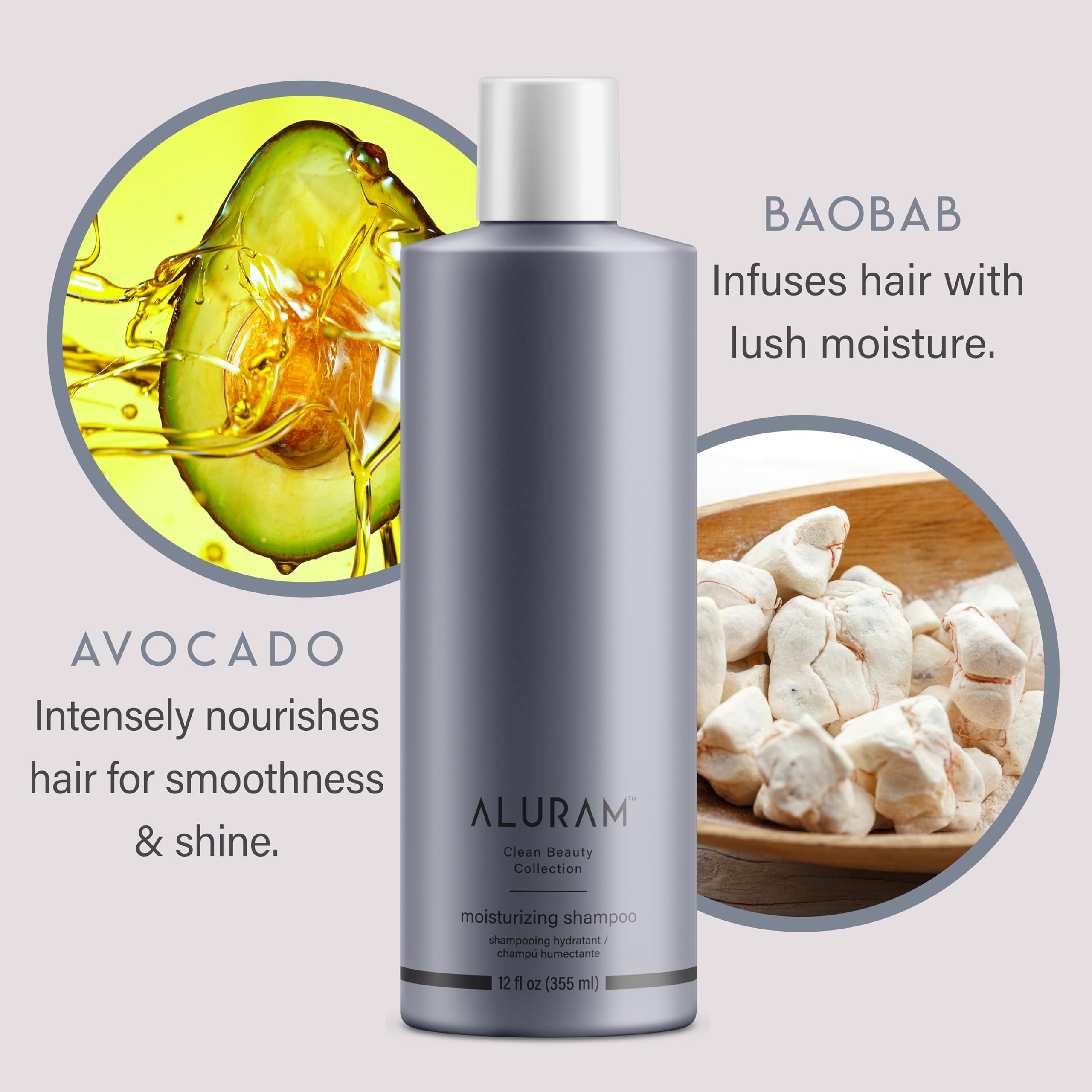 ALURAM Coconut Water Moisturizing Shampoo hair closeup shows shiny, manageable strands.