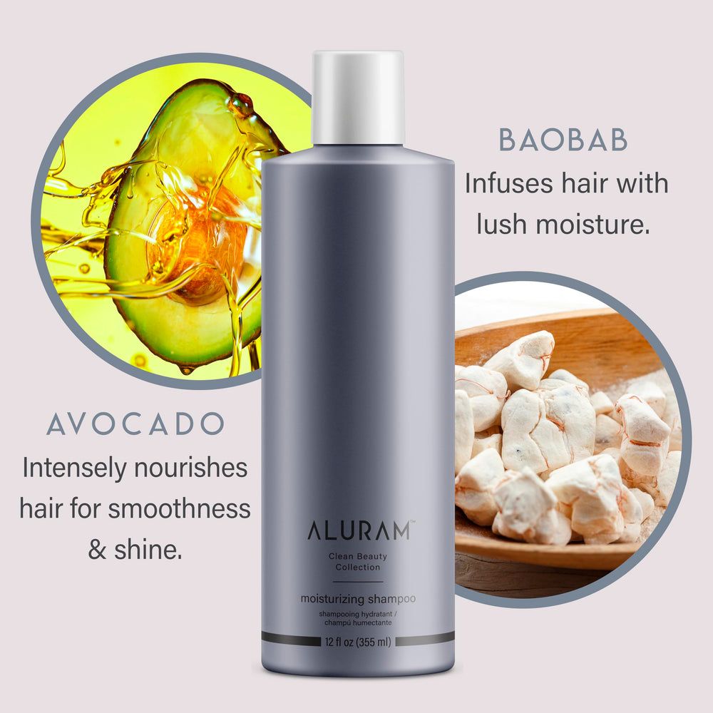 ALURAM Coconut Water Moisturizing Shampoo hair closeup shows shiny, manageable strands.