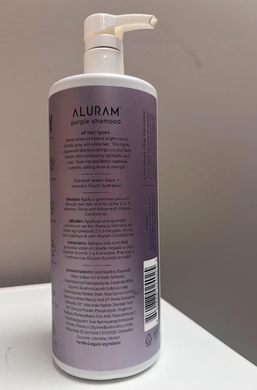 ALURAM Coconut Water Purple Shampoo cruelty-free label reinforces ethical beauty choices.