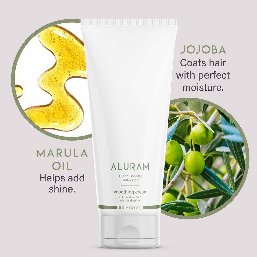 ALURAM Coconut Water Smoothing Cream ingredients coconut oil and marula visible for nourishing care.