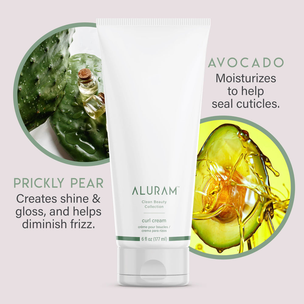 ALURAM Curl Cream showcases frizz control for sleek, defined curls.