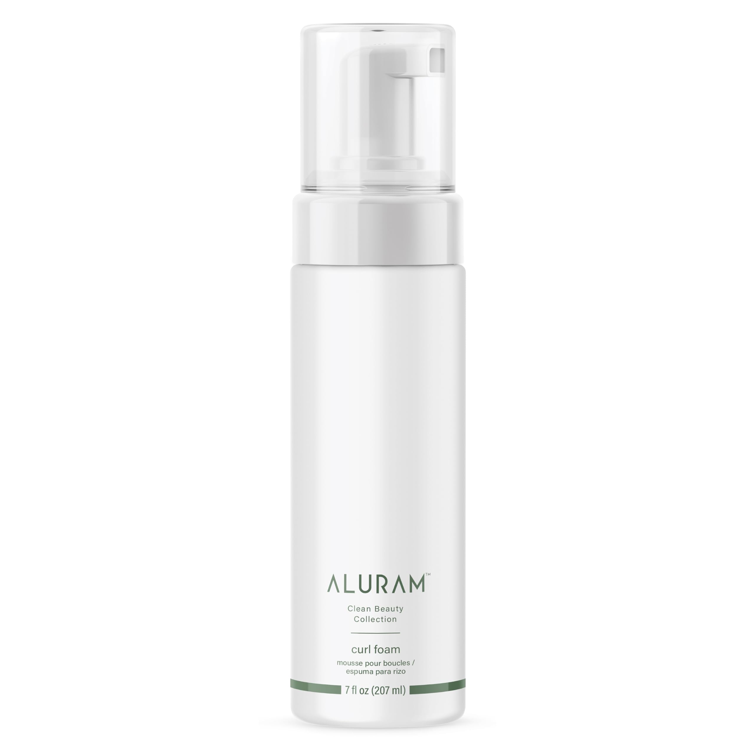 ALURAM Curl Foam bottle side view highlighting lightweight, defining formula for curls