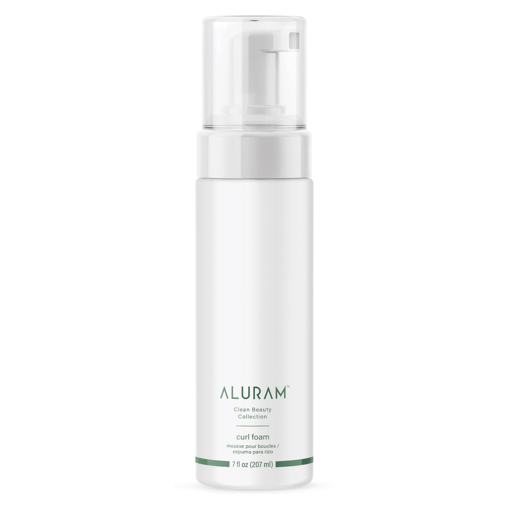 ALURAM Curl Foam bottle side view highlighting lightweight, defining formula for curls