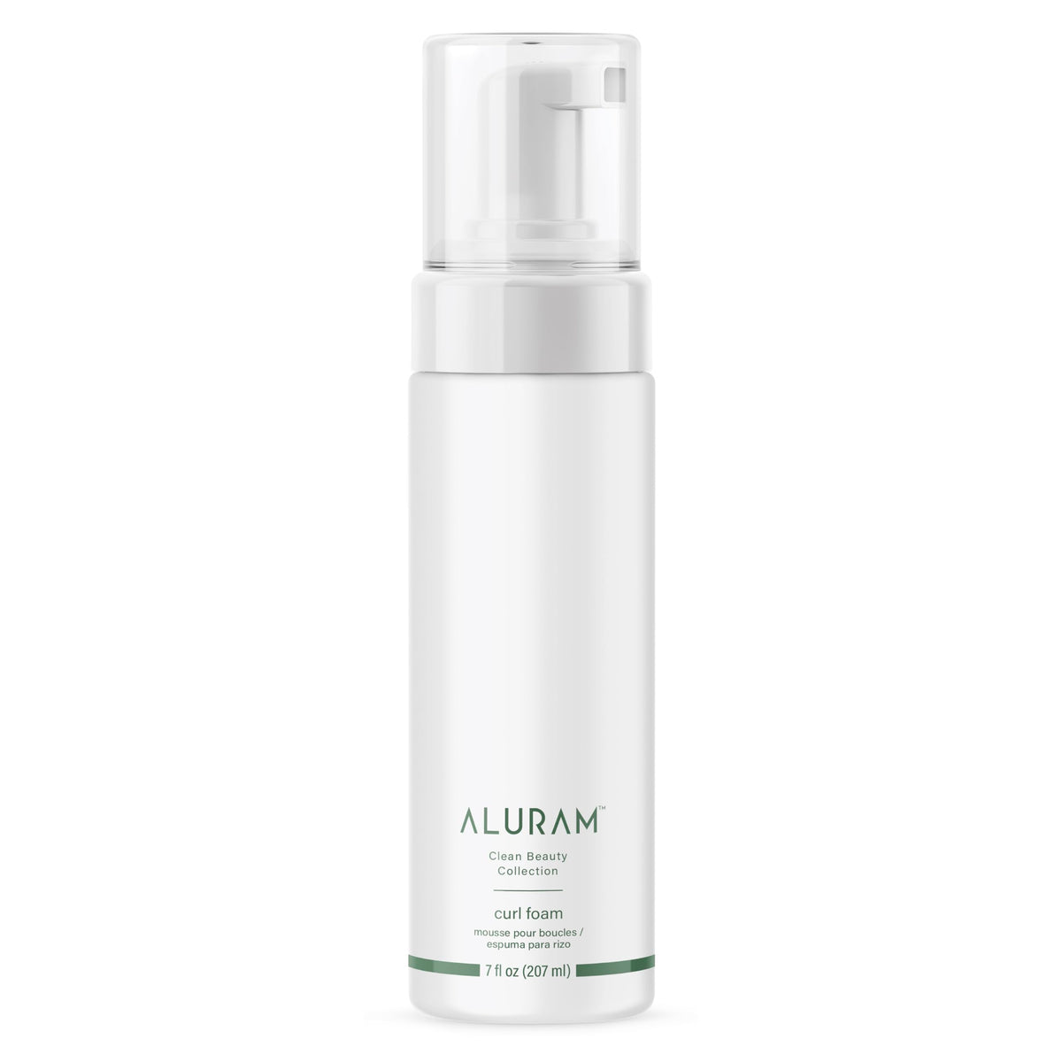 ALURAM Curl Foam bottle side view highlighting lightweight, defining formula for curls