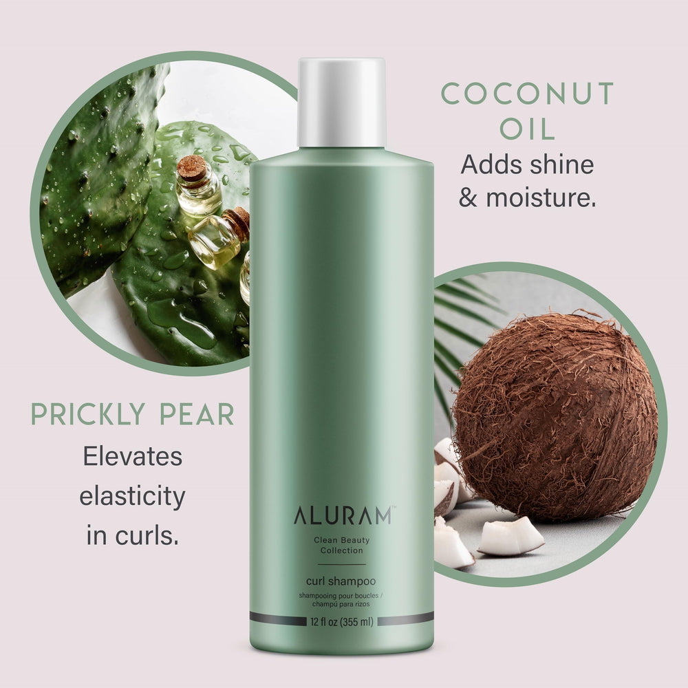 ALURAM Curl Shampoo clarifying lather demonstrates gentle buildup removal for curls.