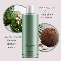 ALURAM Curl Shampoo clarifying lather demonstrates gentle buildup removal for curls.