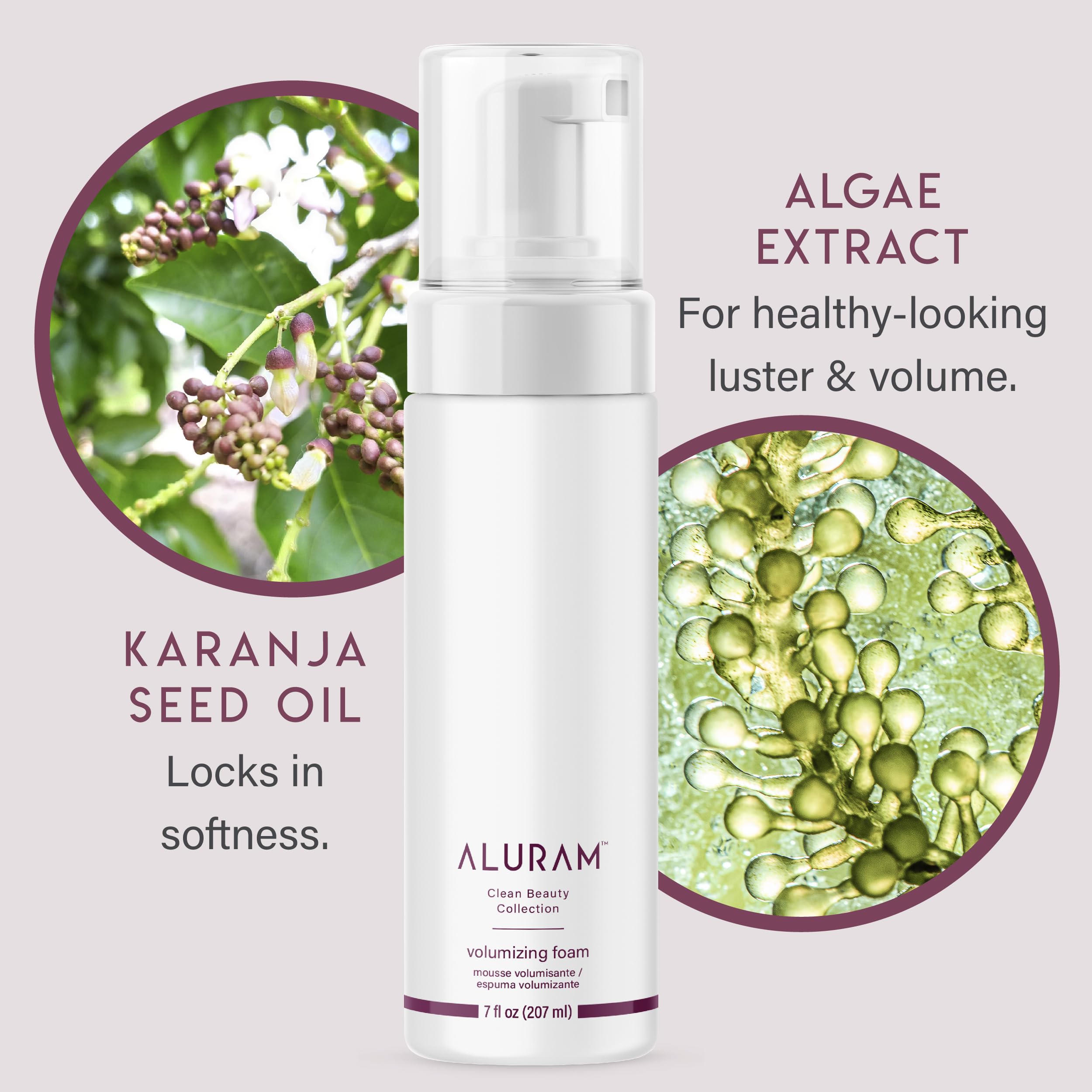 ALURAM Coconut Water Volumizing Foam lift close-up highlights natural body.