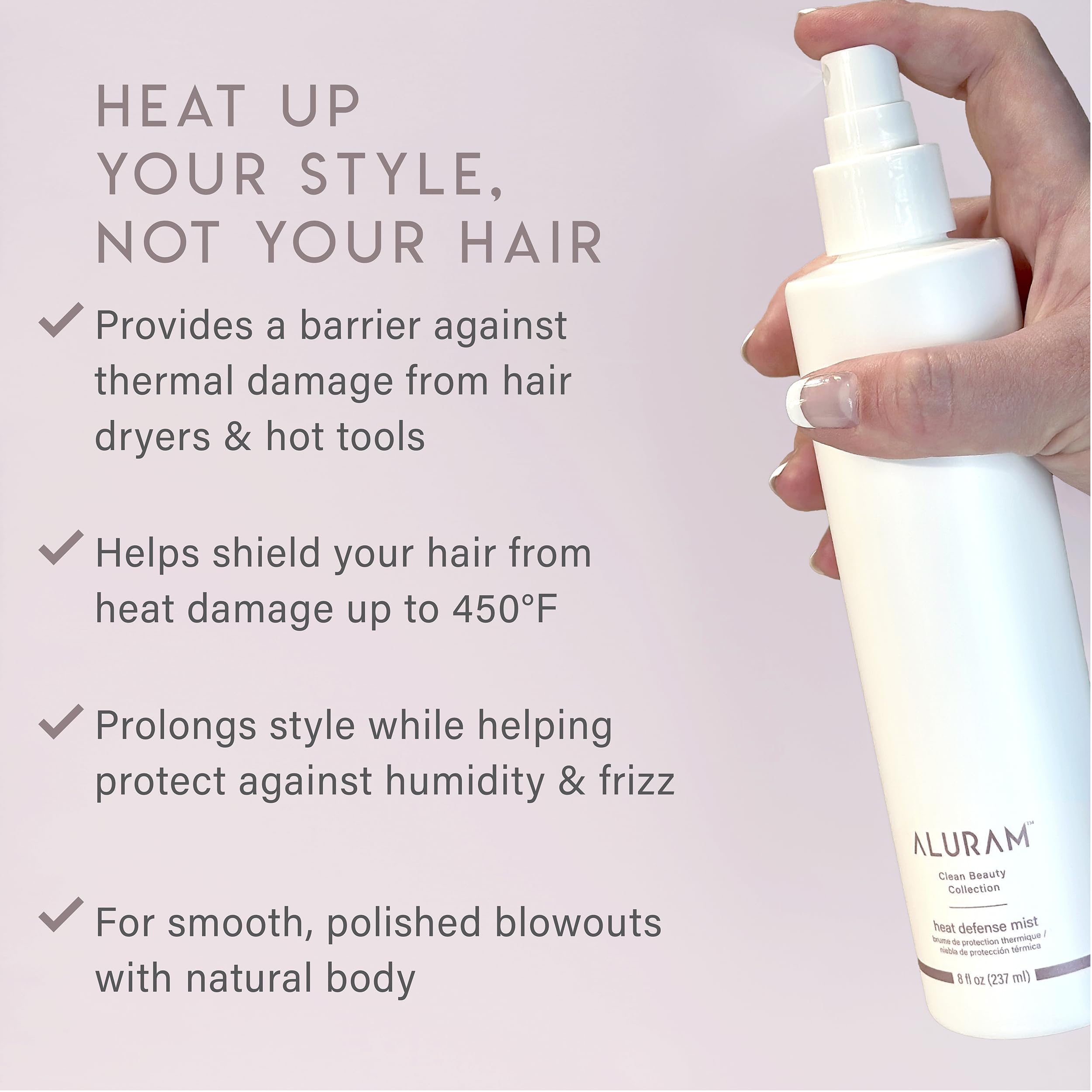Close-up of ALURAM Heat Defense Mist spray application and barrier action