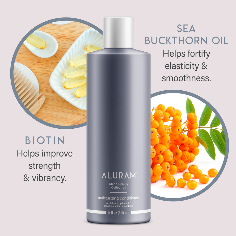 Close-up of sea buckthorn oil and biotin ingredients in ALURAM conditioner.