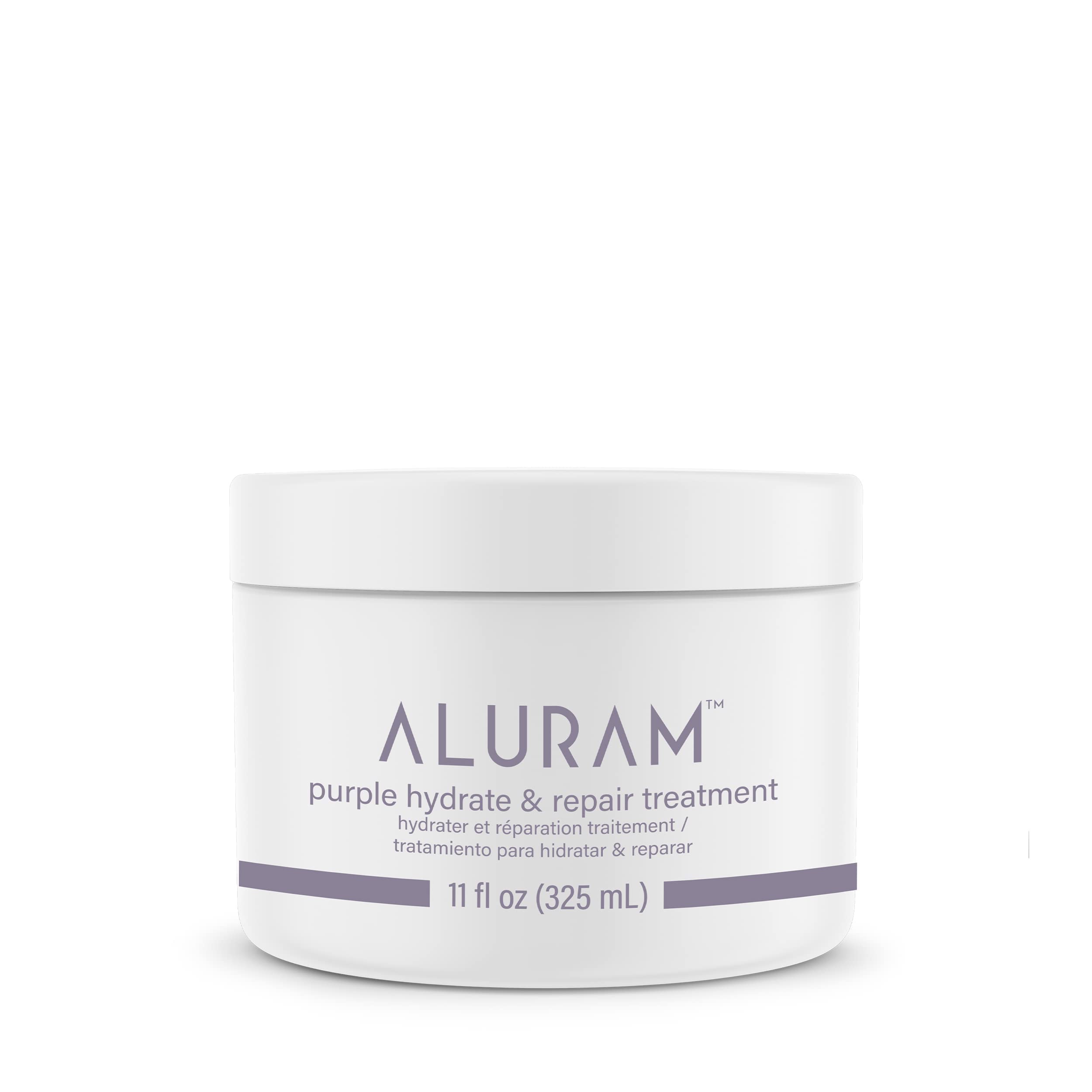 ALURAM Purple Hydrate & Repair bottle close-up showing rich moisture for color-treated hair.