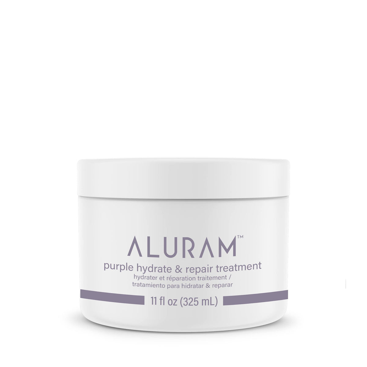ALURAM Purple Hydrate & Repair bottle close-up showing rich moisture for color-treated hair.